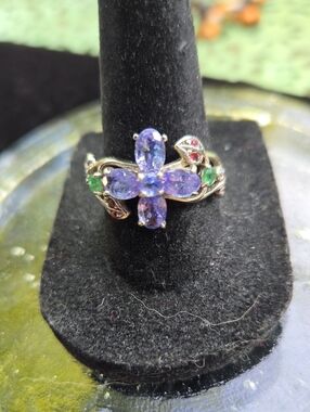 Floral Tanzanite, Emerald Abd Rhodolite  Ring - 7.5